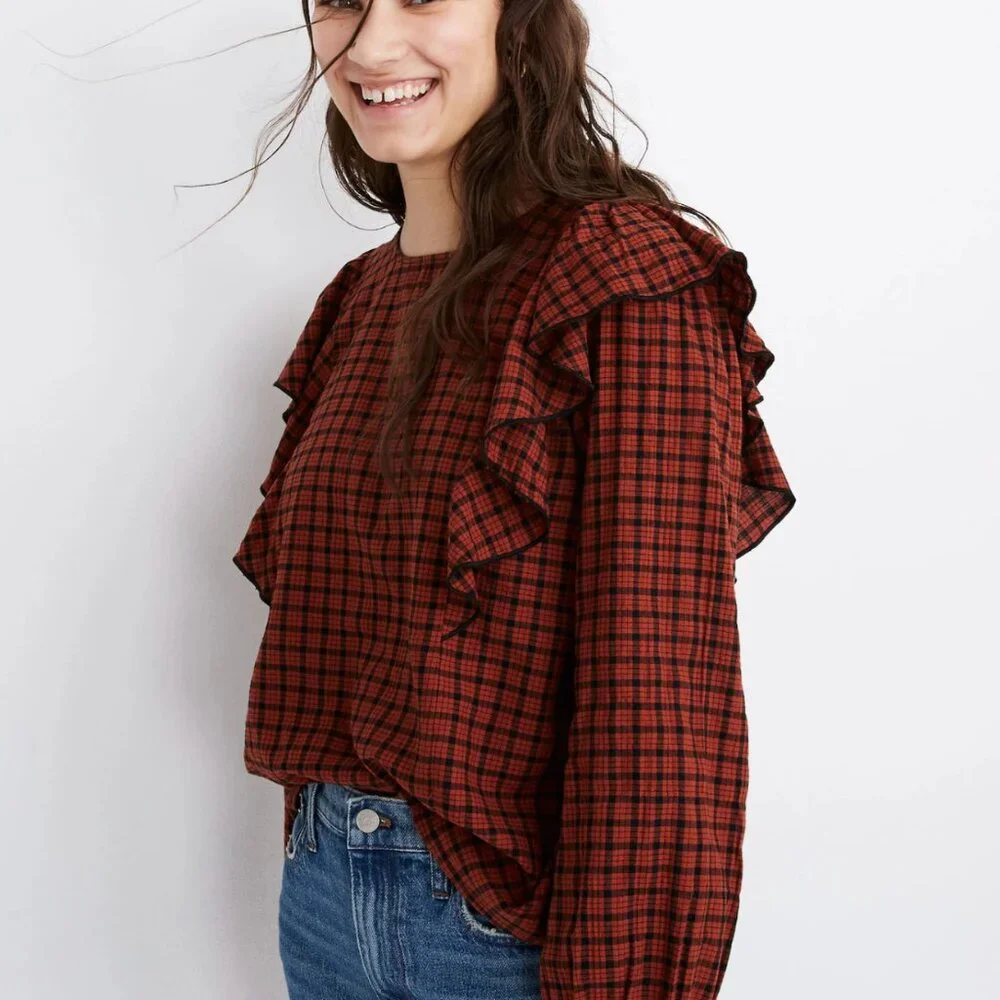 Madewell Ruffle-Front Top in Plaid - Picture 3 of 7